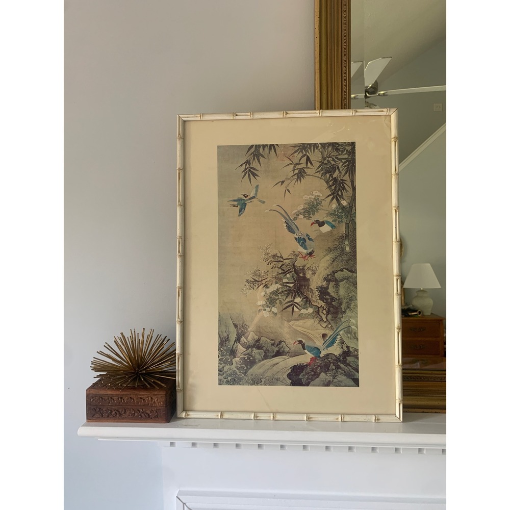 Vintage Chinoiserie Bird Bamboo Print White Faux Bamboo Frame Hollywood Regency - Picture 2 of 12